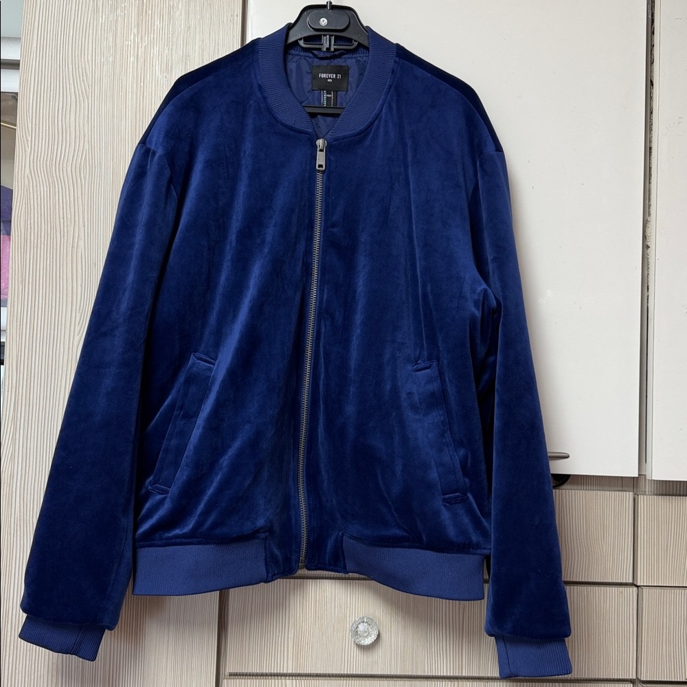 Navy Blue velvet bomber jacket - Picture 3 of 8